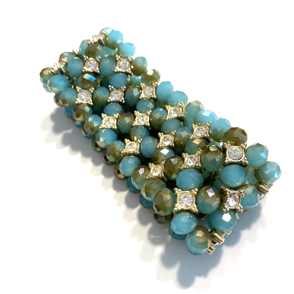Beaded Stretch Bracelet Thick Aqua Blue Green Faceted beads & white rhinestones - Picture 4 of 7